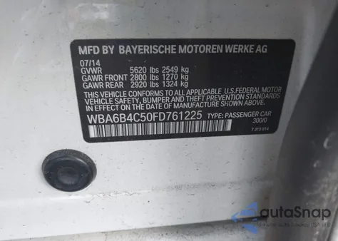 2015 BMW 650I Gran Coupe xDrive from USA, damaged, VIN WBA6B4C50FD761225